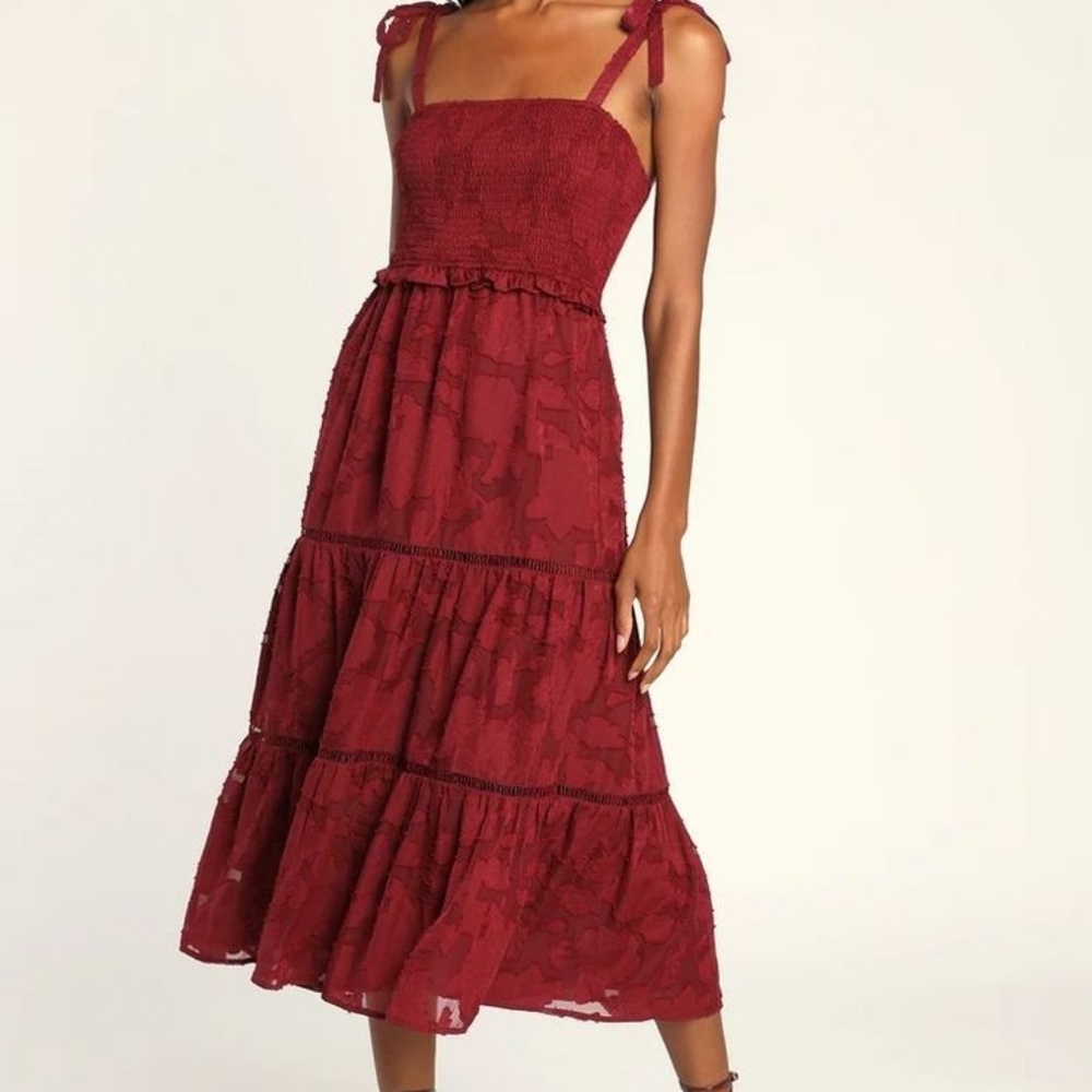 Lulu's Wine Red Rose Floral Smocked Sleeveless Midi Dress